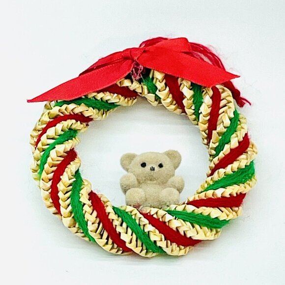 Vintage Christmas Ornament Straw Wreath With Teddy Bear Green & Red Wool Strings - Picture 12 of 12